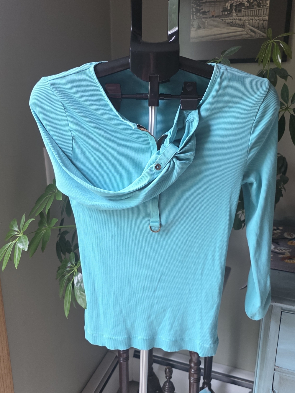 Lauren Ralph Lauren Turquoise Ribbed Knit Henley Half Zip 3/4 Sleeve Top